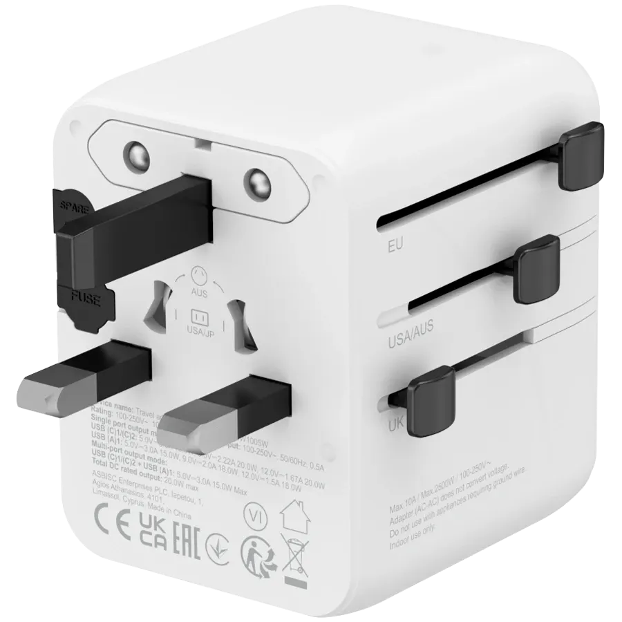 Зарядно устройство Canyon Travel Adapter OnTour 20 EU/UK/US/AUS 20W, бяло