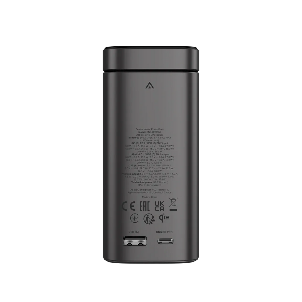 Външна батерия Canyon Qi2 magnetic OnPower 150 15000mAh Aluminium Dark, сива