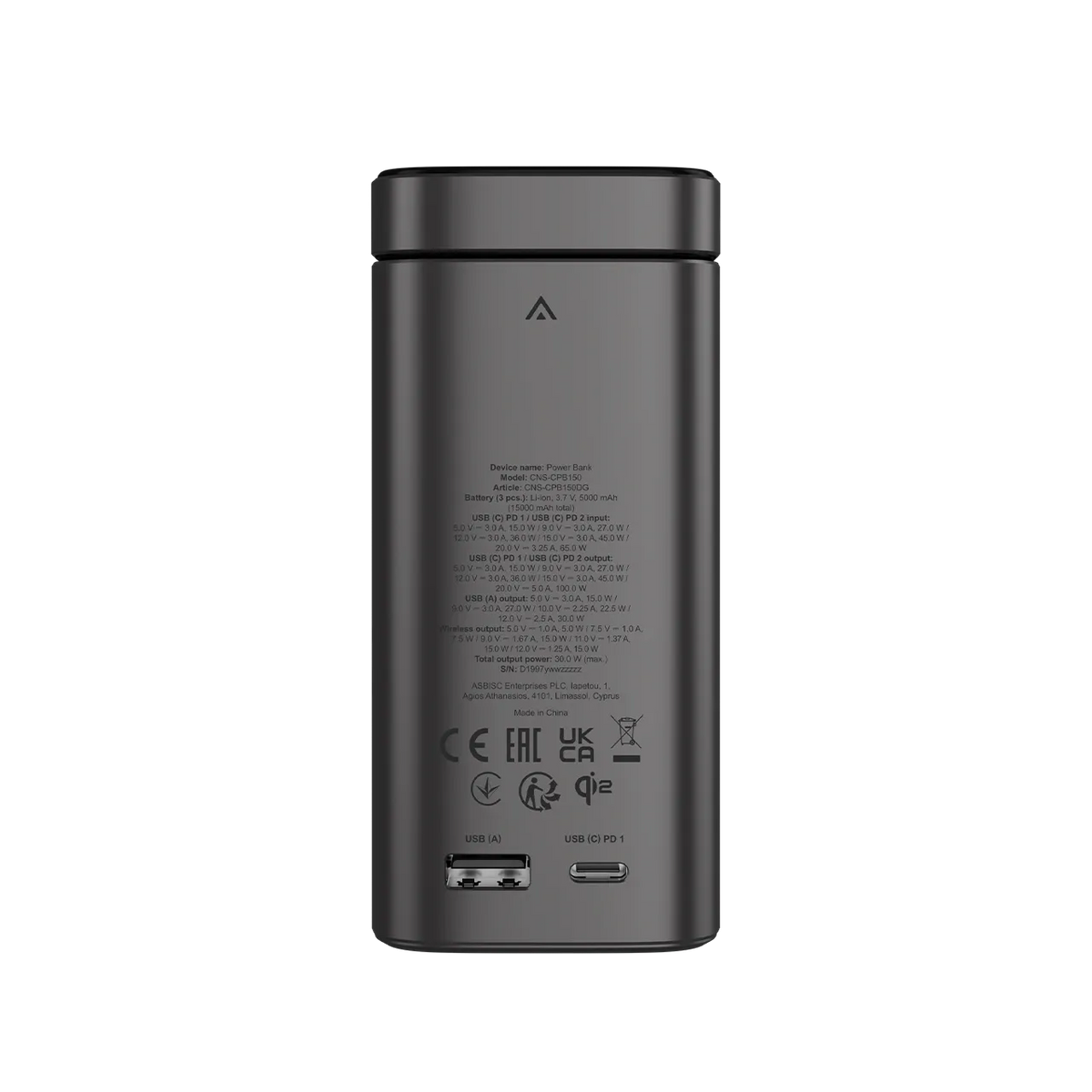 Външна батерия Canyon Qi2 magnetic OnPower 150 15000mAh Aluminium Dark, сива