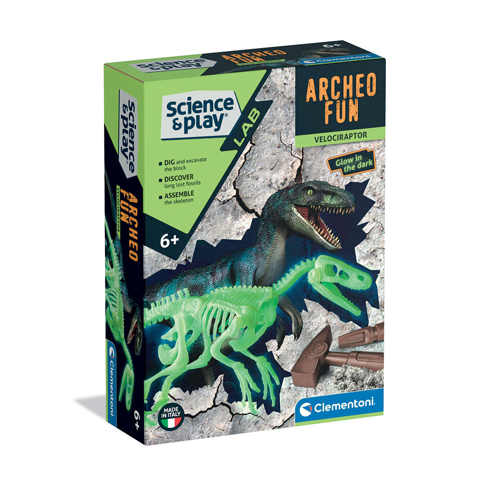 CLEMENTONI ARHEO FUN Разкрий Скелет Динозавър Velociraptor Glow in The Dark